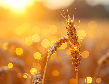 As the sun dips below the horizon, its last golden rays illuminate a field of ripe wheat, ready for harvest. The warm light creates a beautiful bokeh effect, highlighting the delicate details of the grain stalks and evoking a sense of peace, abundance, and the successful culmination of a seasons hard work.の素材