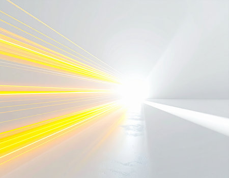 Streams of yellow light representing data or energy accelerate through a clean, minimalist white corridor. This dynamic visual symbolizes rapid progress, technological innovation, and the high-speed transfer of information towards a bright, unknown future.の素材