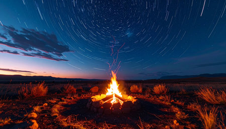 In the quiet of the desert, a bonfire burns brightly within a circle of stones. Above, a long exposure captures the mesmerizing dance of stars across the night sky, creating a scene of magic, tranquility, and cosmic connection.の素材