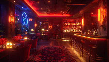 The city sleeps, but this hidden lounge awakens, bathed in the warm, clandestine glow of red neon. An empty bar awaits the nights first patrons, promising intimate conversations and expertly crafted cocktails in a stylish, atmospheric setting.の素材