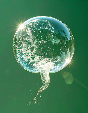 A delicate bubble, shimmering with a sun flare, holds the nascent form of a world within its fragile surface. Floating against a serene green backdrop, it represents concepts of creation, environmental fragility, new beginnings, and the delicate balance of life.の素材