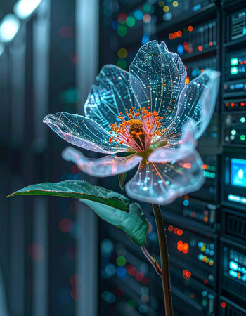 A delicate, glowing flower made of digital circuits blooms in the heart of a server room, symbolizing the synergy between natures design and technological innovation. This image represents the beautiful, organic growth of artificial intelligence and the dawn of a new digital ecosystem.の素材