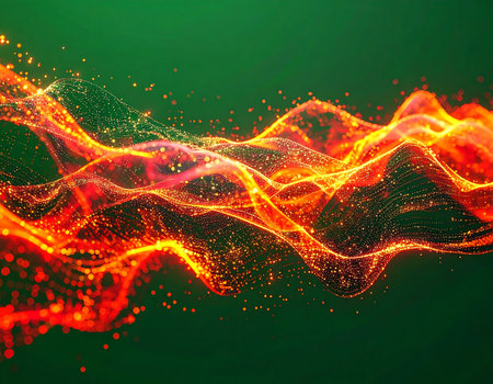 A vibrant wave of fiery orange and yellow particles flows dynamically across a deep green background. This mesmerizing digital formation evokes concepts of energy, data transmission, and futuristic technology, creating a sense of powerful, fluid motion.の素材