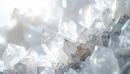 A mesmerizing macro view of a cluster of clear, faceted crystals. Bright, ethereal light shines through, creating a brilliant sparkle and a sense of purity and luxury. This abstract background is perfect for themes of wealth, natures beauty, or magical elegance.の素材