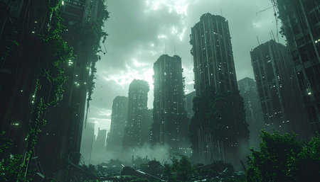 In a world long after humanity, nature stages a silent and powerful comeback. Towering skyscrapers, once symbols of progress, now stand as skeletal monuments draped in green, their windows like hollow eyes watching over a city reclaimed by the wild. A thick fog blankets the ground, adding to the profound mystery of what came before.の素材