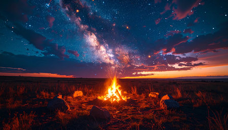 As twilight fades, a group of friends gathers around the crackling warmth of a campfire. Above them, the Milky Way galaxy stretches across the infinite cosmos, a breathtaking backdrop for an evening of shared stories, laughter, and quiet wonder in the wilderness.の素材