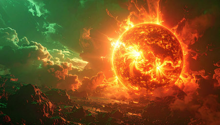 A star reaches the end of its life in a cataclysmic supernova, bathing a nearby alien world in a final, brilliant display of cosmic energy. The fiery explosion contrasts with the eerie green glow of the surrounding nebula, creating a scene of both destruction and breathtaking beauty.の素材