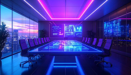 In a skyscraper overlooking the city at twilight, a high-tech boardroom awaits the next big decision. Glowing with neon and purple light, the interactive table and data screens stand ready for a meeting that will shape the future of global innovation.の素材