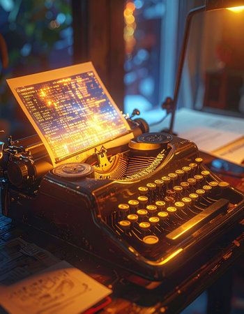 In a quiet, dimly lit study, a classic typewriter becomes the vessel for a story so intense it seems to burn with life. The warm glow of a desk lamp illuminates the scene, capturing a moment of pure creative passion and literary inspiration where old-world charm meets a fiery narrative.の素材