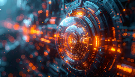 A close-up view of a futuristic AI core, its intricate circuits glowing with immense processing power. This abstract visual represents the heart of advanced technology, symbolizing concepts like big data, quantum computing, and the dawn of a new technological singularity.の素材