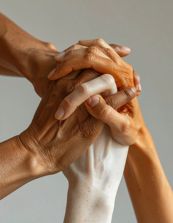 A powerful symbol of unity and collaboration, where diverse hands from different backgrounds and generations come together. This close-up shot captures a moment of connection, teamwork, and shared strength, representing community, support, and the power of human solidarity.の素材