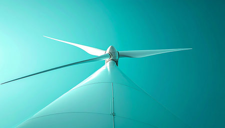 From a dynamic low angle, a modern wind turbines blades slice through a serene teal sky. This minimalist view captures the essence of clean, renewable energy and symbolizes a hopeful step towards a sustainable and technologically advanced future.の素材