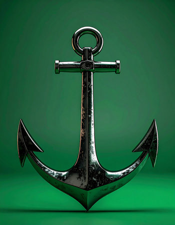 A polished steel anchor stands firm against a deep green background, a powerful symbol of stability, strength, and hope. Its classic design evokes a sense of maritime tradition and steadfast reliability, representing a solid foundation in the face of any challenge.の素材
