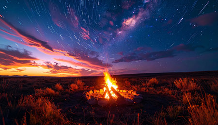 As twilight fades, a bonfire crackles to life, casting a warm, inviting glow across the vast wilderness. Above, the last colors of sunset merge with a breathtaking celestial display, where countless stars begin their nightly dance. Its a moment of pure magic, solitude, and connection with the cosmos.の素材