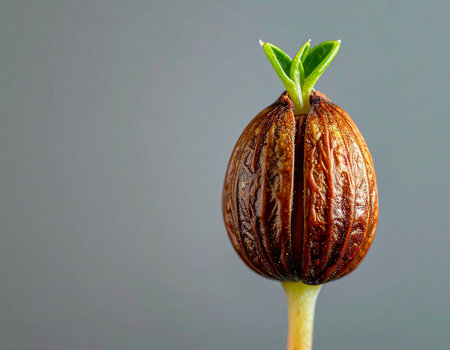 A single walnut seed cracks open to reveal a vibrant green sprout, symbolizing the powerful beginning of new life. Set against a clean gray background, this image represents concepts of growth, potential, and the start of a new venture or idea.の素材