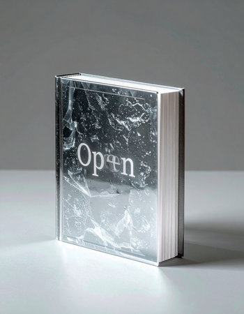 A mysterious book with a reflective, metallic cover stands alone, inviting the viewer to begin a new chapter. The word Open serves as both a title and a command, promising discovery, knowledge, and the potential for introspection. Its mirrored surface reflects the world, suggesting that the stories inside are a reflection of our own.の素材