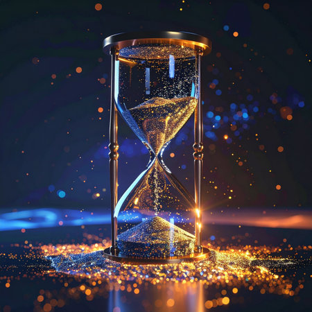An ethereal hourglass stands amidst a cosmic nebula, its glowing sands not of earth but of captured starlight. Each grain marks the passage of a celestial moment, a beautiful and urgent reminder of the precious, fleeting nature of time itself.の素材