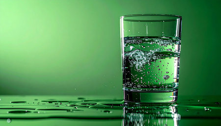 A single glass of ice-cold sparkling water stands against a vibrant green backdrop, its effervescent bubbles dancing in the light. The cool condensation and wet, reflective surface evoke a powerful sense of pure refreshment and invigorating hydration, perfect for wellness and health concepts.の素材