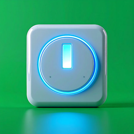 A single press brings a world of technology to life. This minimalist power button, glowing with a vibrant blue light against a stark green background, symbolizes the start of a new process, the activation of a smart system, or the simple, elegant interface of future innovation.の素材