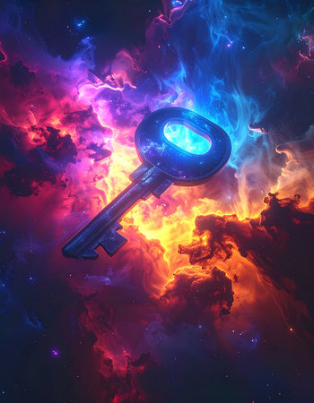 A single, luminous key floats amidst a breathtaking cosmic nebula, glowing with celestial energy. This mystical object represents unlocking the secrets of the universe, holding the potential for discovery, new beginnings, and access to hidden knowledge. Its a powerful symbol of opportunity, imagination, and the infinite possibilities that await.の素材