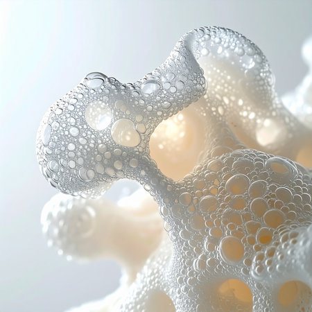 A macro photograph captures an intricate network of foam bubbles, resembling a biological cellular structure. The clean, high-key lighting emphasizes its purity and fragility, perfect for concepts of science, skincare innovation, and abstract beauty.の素材