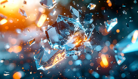 A powerful, high-speed explosion of crystal shards bursts outward, illuminated by fiery orange light and cool blue reflections. This dynamic abstract background visualizes concepts of breakthrough, disruption, and intense energy.の素材
