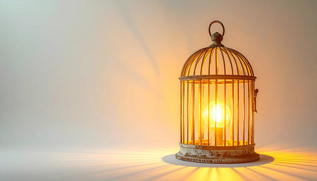 A single, warm light glows from within a vintage birdcage, casting long, dramatic shadows. This decorative lamp creates an atmosphere of cozy intimacy, nostalgia, and quiet contemplation, perfect for concepts of hope, warmth, and unique ideas.の素材