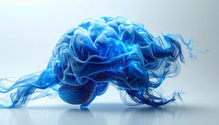 A stunning 3D rendering of a human brain, formed from ethereal blue smoke and glowing with neural energy. This abstract visualization represents the complex interplay of consciousness, artificial intelligence, and the boundless potential of the digital mind.の素材