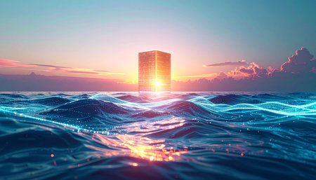A mysterious, glowing monolith emerges from the center of a digitally rendered ocean. As the sun sets on the horizon, its warm light reflects off the luminous waves, creating a sense of wonder, advanced technology, and the discovery of an unknown power.の素材
