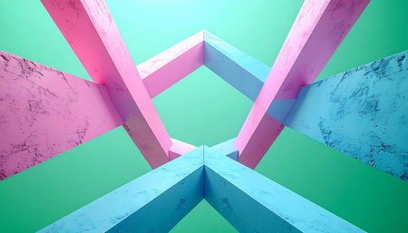 A low-angle view of a modern, minimalist architectural detail. Pink and blue beams intersect and converge at a central point against a clean green ceiling, creating a symmetrical and visually striking geometric pattern. The image evokes concepts of connection, support, teamwork, and the convergence of different ideas into a unified, stable structure.の素材
