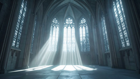 In the silent, cavernous hall of an ancient gothic cathedral, morning sunbeams pierce through the towering arched windows. The divine light cuts through the cool, dusty air, illuminating the stone floor and creating a powerful sense of peace, mystery, and spiritual awakening in the sacred emptiness.の素材
