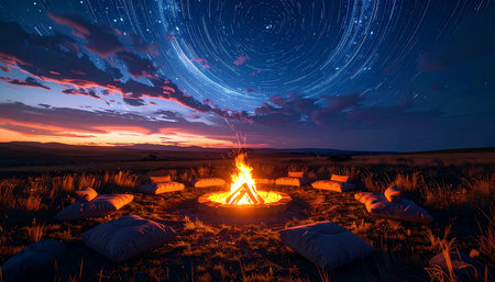 A group gathers in a circle around a blazing campfire, sharing stories and warmth under a breathtaking, swirling cosmos. The last light of twilight fades on the horizon, creating a magical scene of community, connection, and adventure in the vast wilderness.の素材