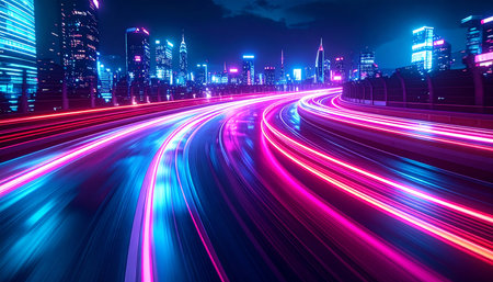 Streams of vibrant neon light cut through the darkness of a futuristic metropolis, representing the relentless flow of data and high-speed connectivity in a city that never sleeps. This dynamic urban landscape captures the energy of progress and technological innovation.の素材