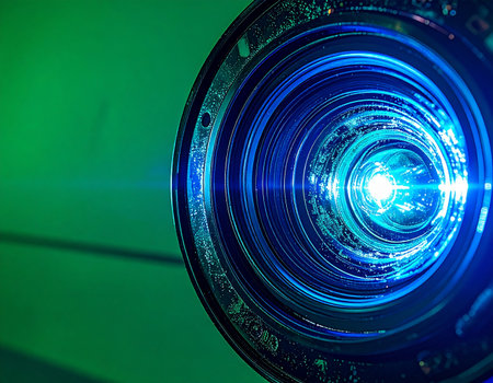 A powerful beam of blue light emanates from the core of a digital projector lens against a vibrant green background. This macro view captures the essence of modern communication, representing the projection of ideas, data, and entertainment into the future.の素材