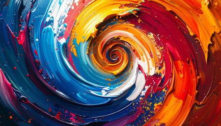 A storm of creative energy captured in a single moment. Vibrant colors collide and blend in a dynamic vortex, representing the chaotic yet beautiful process of innovation and artistic expression. This textured, fluid background evokes a sense of passion and powerful motion.の素材