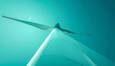 From a dramatic low angle, a massive wind turbine blade sweeps across a stylized teal sky. This powerful perspective captures the scale and grace of renewable energy, symbolizing a clean, sustainable future and technological progress.の素材