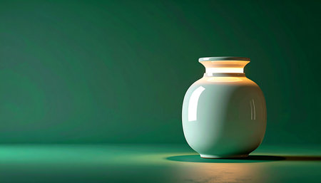 A single, elegant white vase sits gracefully against a deep green, monochromatic background. Bathed in soft, dramatic studio light that highlights its smooth curves and delicate rim, the scene evokes a sense of tranquility, peace, and minimalist sophistication. The ample copy space makes it ideal for design projects that require a touch of quiet elegance.の素材