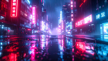 Rain slicks the pavement of a futuristic metropolis, reflecting the vibrant pink and blue glow of towering neon signs. The empty street awaits, a digital dreamscape filled with mystery and the promise of a high-tech future.の素材