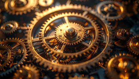 A macro view into the heart of a complex machine, where golden gears and cogs interlock with perfect precision. This image symbolizes the intricate workings of technology, the beauty of engineering, and the concept of teamwork where every part plays a crucial role in a larger system.の素材