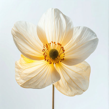 A single white anemone flower is captured in a moment of serene beauty, its delicate petals glowing with a soft, ethereal light. This minimalist composition highlights the flowers simple elegance and purity, evoking feelings of peace, tranquility, and gentle grace.の素材