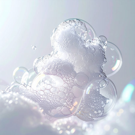 A delicate cluster of iridescent soap bubbles rises from a cloud of pure, white cleansing foam. The bright, ethereal light captures the intricate patterns and gentle movement, evoking a sense of pristine cleanliness, advanced skincare science, and serene purity. This abstract macro shot is perfect for beauty, wellness, and scientific concepts.の素材