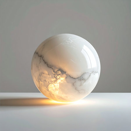 A polished marble sphere rests in a quiet, minimalist space, emitting a soft, warm light from its core. The gentle illumination highlights the natural grey veins within the stone, creating a sense of calm energy and serene focus. This object embodies modern elegance and tranquil design.の素材