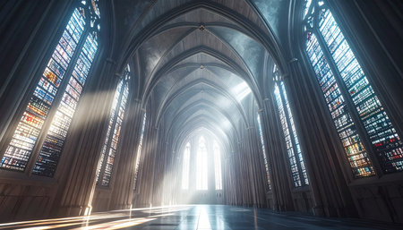 Sunlight streams through towering stained-glass windows, casting ethereal beams across the silent, cavernous hall of a grand gothic cathedral. The divine light illuminates a path through the shadows, creating a moment of profound peace, spiritual reflection, and awe-inspiring hope.の素材