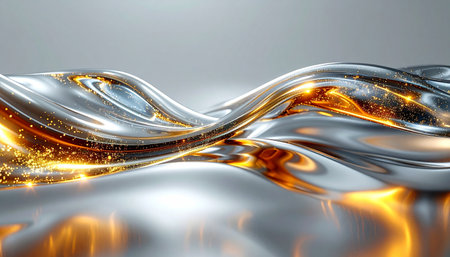 Molten metal undulates in a seamless, elegant wave, its polished chrome surface catching and reflecting a brilliant golden light. The image suggests a fusion of advanced technology and precious materials, symbolizing progress, power, and the flow of digital information.の素材