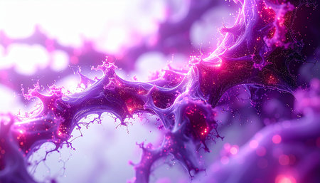 A vibrant visualization of a complex neural or digital network, where glowing purple energy pulses through interconnected pathways. This represents the flow of data, thought, or life force in a futuristic, high-tech system, symbolizing innovation and the future of connectivity.の素材