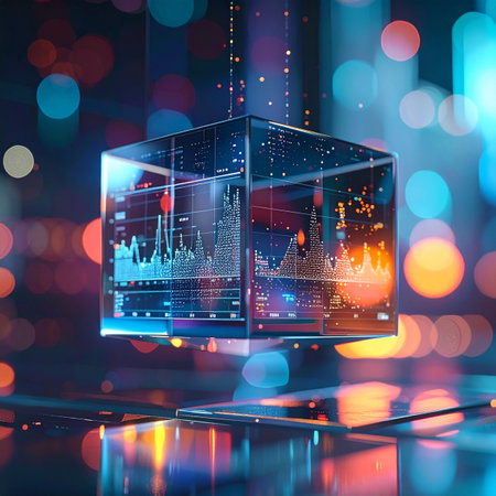 A glowing holographic cube displays complex financial data and analytics, floating above a reflective surface against a vibrant, out-of-focus city nightscape. This image represents the future of big data, fintech innovation, and advanced technological progress.の素材