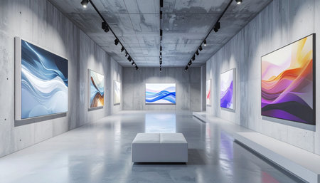 Sunlight is not needed in this serene, minimalist gallery where vibrant, abstract paintings provide all the light and color. The industrial concrete walls and polished floors create a stark, modern backdrop, focusing all attention on the flowing masterpieces. Its a quiet space designed for contemplation and inspiration, where contemporary art meets architectural simplicity.の素材