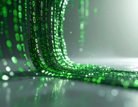 A vibrant stream of green binary numbers cascades across a reflective surface, symbolizing the constant, rapid flow of information in the digital world. This abstract image captures concepts of big data, connectivity, and the complex algorithms driving our technological future.の素材