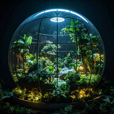 In a dark, quiet space, a luminous sphere glows, revealing a self-contained world. This futuristic biodome houses a vibrant, self-sustaining ecosystem, a perfect synthesis of nature and technology, symbolizing conservation and scientific innovation.の素材