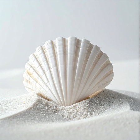 A pristine white seashell rests gracefully on a bed of sparkling white sand. The clean, high-key lighting creates a serene and minimalist composition, evoking a sense of tranquility, purity, and coastal elegance.の素材